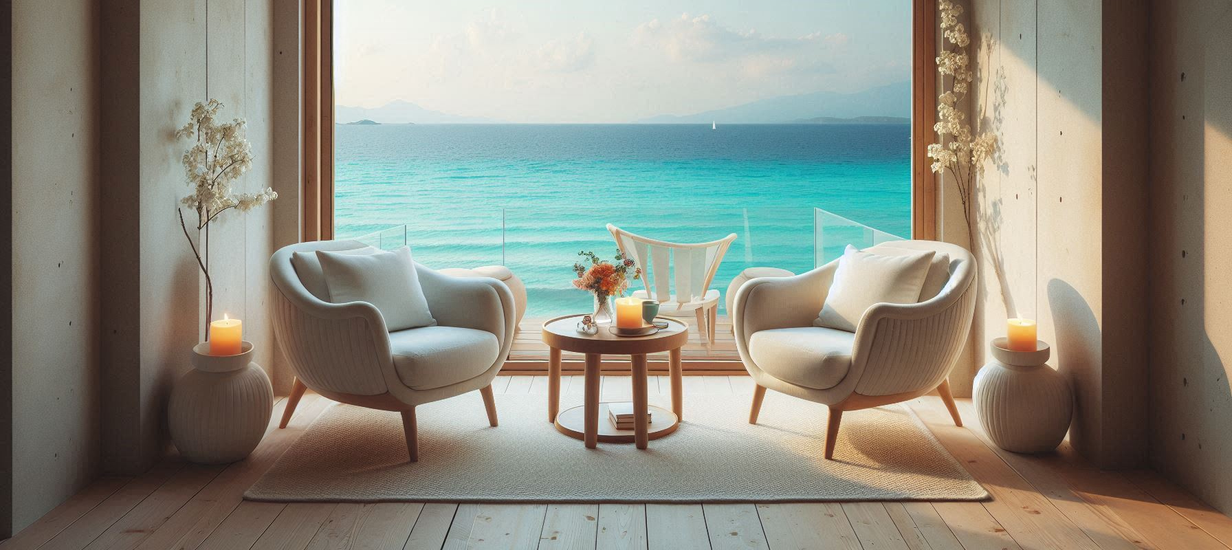 Vista panorámica de una habitación frente al mar con decoración minimalista: dos sillones beige, una mesa central de madera con flores y velas, y grandes ventanales que enmarcan un océano turquesa bajo un cielo despejado.